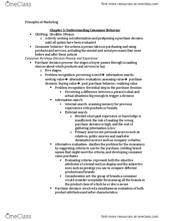 MARK20100 Lecture Notes - Lecture 5: Consumer Behaviour, Customer Retention, Cognitive Dissonance thumbnail