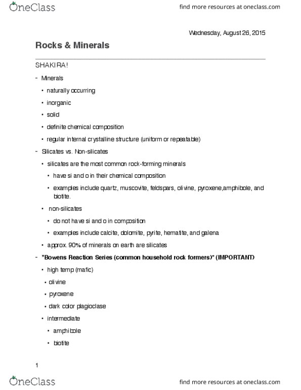 GLY-1103 Lecture Notes - Lecture 1: Biotite, Amphibole, Pyroxene thumbnail