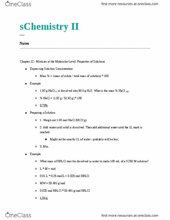 CHE-1102 Lecture Notes - Lecture 3: Colligative Properties, Mole Fraction, Molar Mass thumbnail
