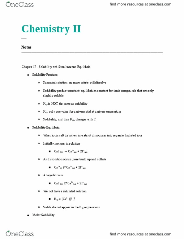 CHE-1102 Lecture Notes - Lecture 8: Ionic Compound, Solubility Equilibrium, Equilibrium Constant thumbnail