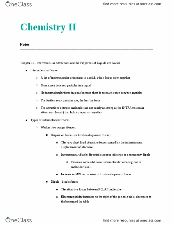 CHE-1102 Lecture Notes - Lecture 2: Intermolecular Force, Surface Tension, Hydrogen Bond thumbnail