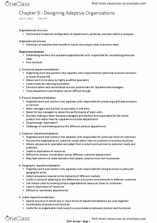 MGMT 2130 Chapter Notes - Chapter 9: Departmentalization, Job Design, Job Performance thumbnail