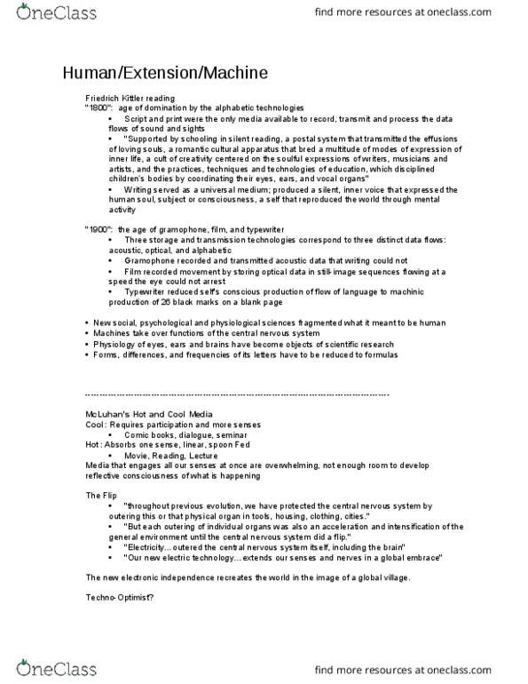 Media, Information and Technoculture 1020E Lecture Notes - Lecture 3: Friedrich Kittler, Marshall Mcluhan, Typewriter thumbnail