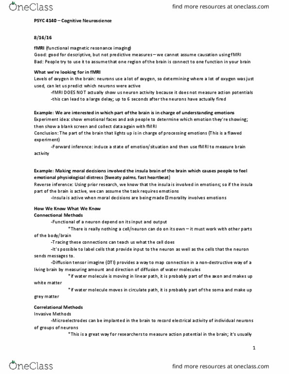 PSYC 4140 Lecture Notes - Lecture 1: Functional Magnetic Resonance Imaging, Diffusion Mri, Tachycardia thumbnail