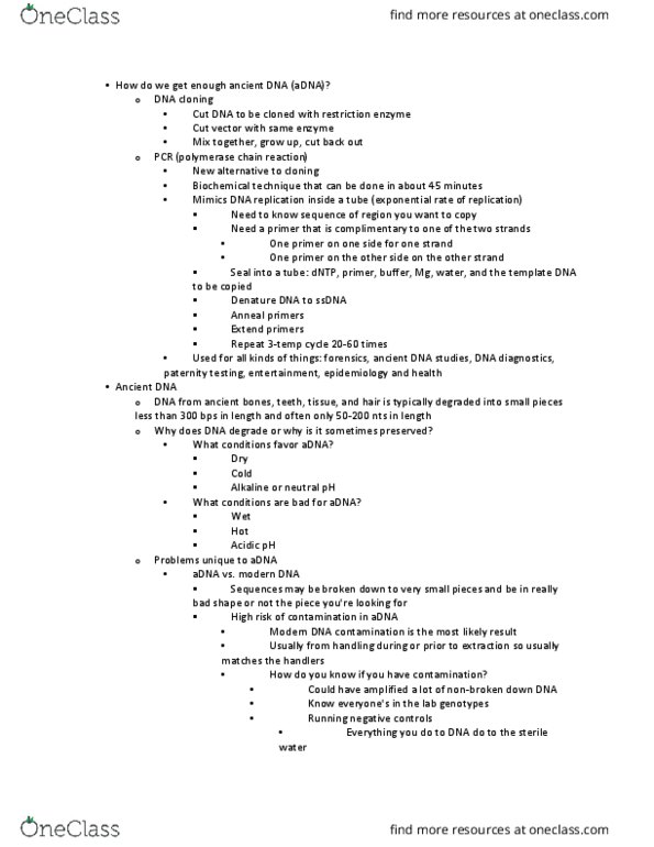 ANTH 333 Lecture Notes - Lecture 35: Laminar Flow Cabinet, Ancient Dna, Molecular Cloning thumbnail