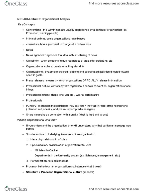 MDSA01H3 Lecture Notes - Lecture 3: Organizational Culture, Enculturation thumbnail