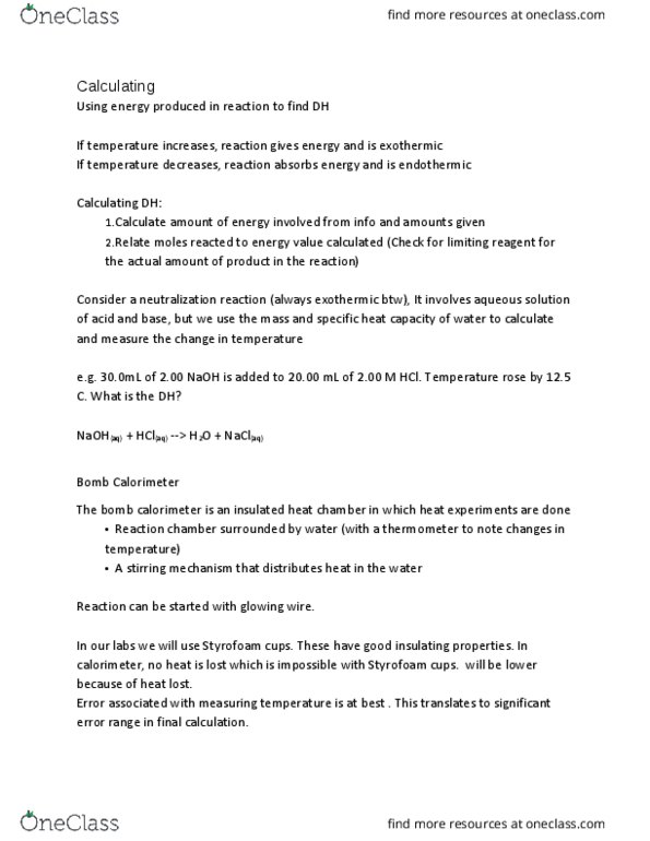 CHEM 122 Lecture Notes - Lecture 2: Calorimeter, Heat Capacity, Sodium Hydroxide thumbnail