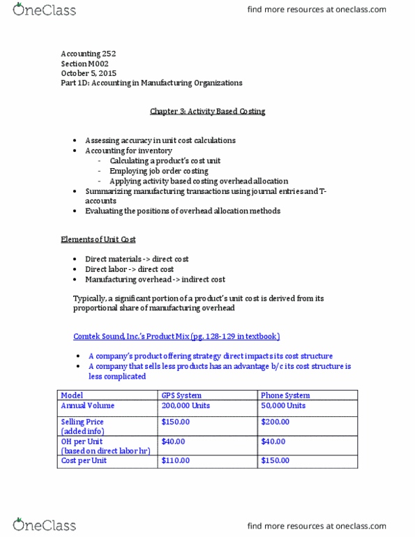 ACC 252 Lecture Notes - Lecture 3: Activity-Based Costing, Cost Driver, Abc Comedy thumbnail