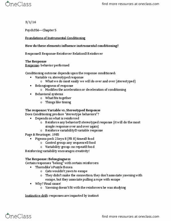 PSYC 356 Lecture Notes - Lecture 9: Belongingness, Reinforcement, Contiguity thumbnail