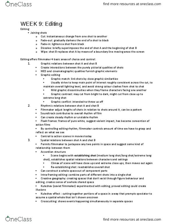 Film Studies 1020E Lecture Notes - Lecture 9: Long Shot, Point-Of-View Shot, Establishing Shot thumbnail