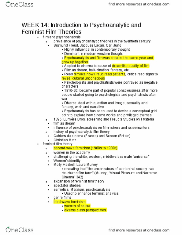 Film Studies 1020E Lecture Notes - Lecture 14: Feminist Film Theory, Laura Mulvey, Cahiers Du Cinéma thumbnail