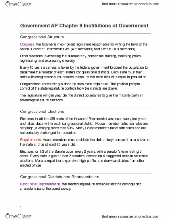 GOV 310L Chapter Notes - Chapter 9: Bicameralism, Justiciability, Majority Minority thumbnail