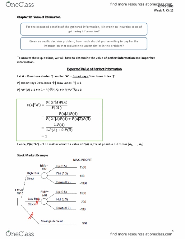 ADMS 3300 Lecture Notes - Lecture 7: Conditional Probability, Perfect Information, Expected Value Of Perfect Information thumbnail