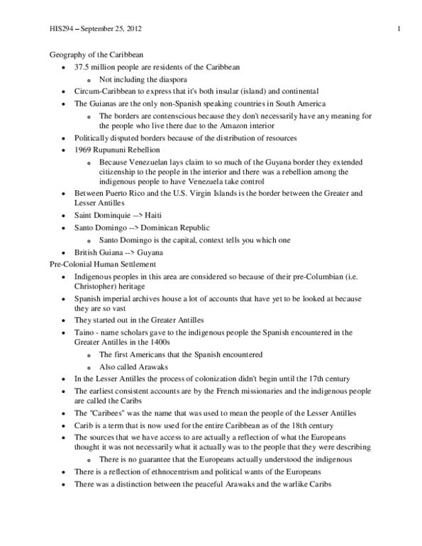 HIS294Y1 Lecture Notes - Greater Antilles, Arawakan Languages, Arawak thumbnail
