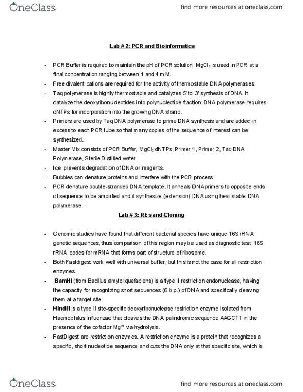 BIOA02H3 Chapter Notes - Chapter 2,3: Hindiii, Cloning, Bamhi thumbnail