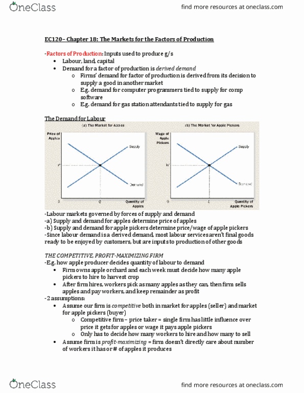 EC120 Chapter Notes - Chapter 18: Opportunity Cost, Marginal Revenue Productivity Theory Of Wages, Marginal Product thumbnail