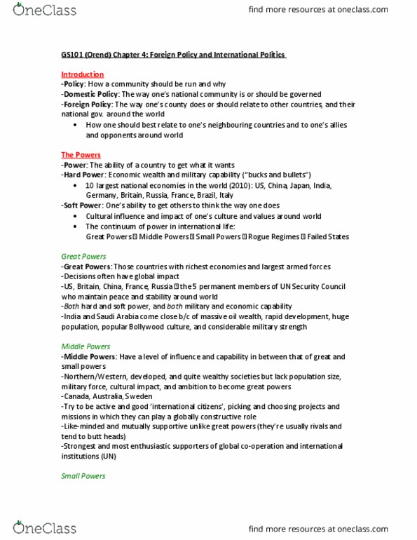 GS101 Chapter Notes - Chapter 4: Official Residence, Multilateralism, Shooting War thumbnail