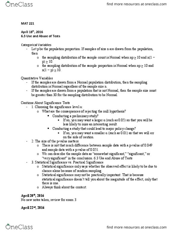 MAT 221 Lecture Notes - Lecture 13: Statistical Significance, Sampling Distribution, Null Hypothesis thumbnail