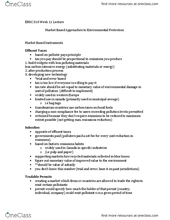 ENSC 310 Lecture Notes - Lecture 11: Kyoto Protocol, Polluter Pays Principle, Perfect Competition thumbnail