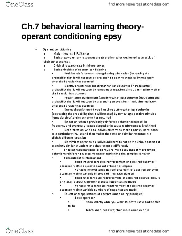 EPSY 3300 Lecture Notes - Lecture 7: Problem Solving, Behavior Modification, Operant Conditioning thumbnail