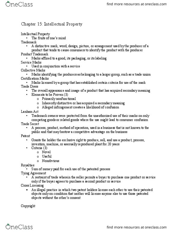 BUSI 561 Chapter Notes - Chapter 15: Lanham Act thumbnail