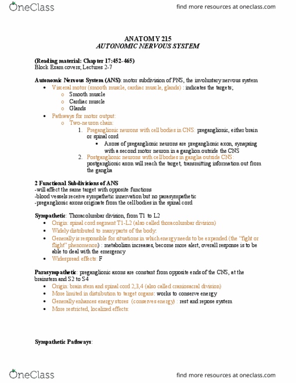 ANAT 215 Lecture Notes - Lecture 8: Adrenal Gland, Norepinephrine, Cranial Nerves thumbnail