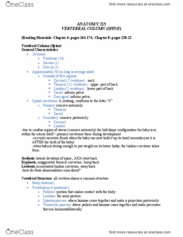 ANAT 215 Lecture Notes - Lecture 15: Weight-Bearing, Foramen Magnum, Intervertebral Disc thumbnail