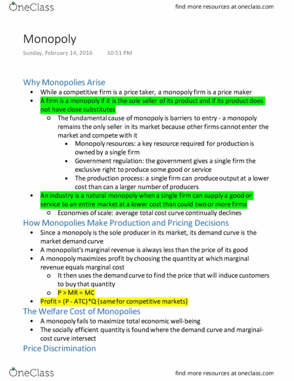 Management MGT 100 Lecture Notes - Lecture 5: Price Discrimination, State Ownership, Market Power thumbnail