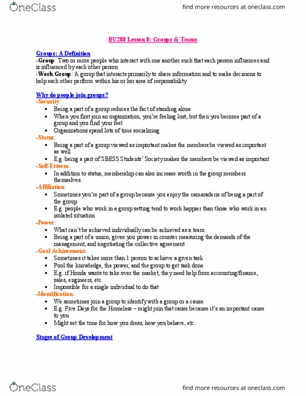 BU288 Lecture Notes - Lecture 8: Hazing, Social Loafing thumbnail