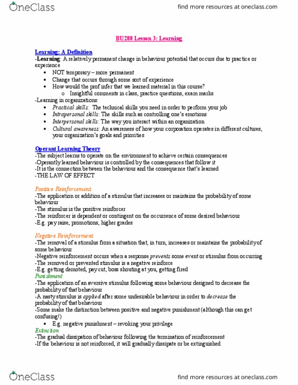 BU288 Lecture Notes - Lecture 4: Reinforcement, Operant Conditioning thumbnail