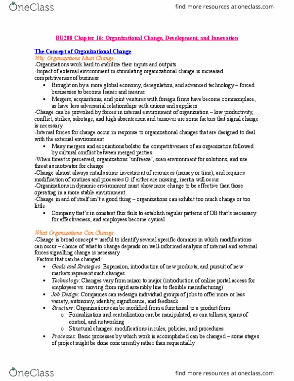 BU288 Chapter Notes - Chapter 16: Behavioural Sciences, Learning Organization, Organizational Learning thumbnail