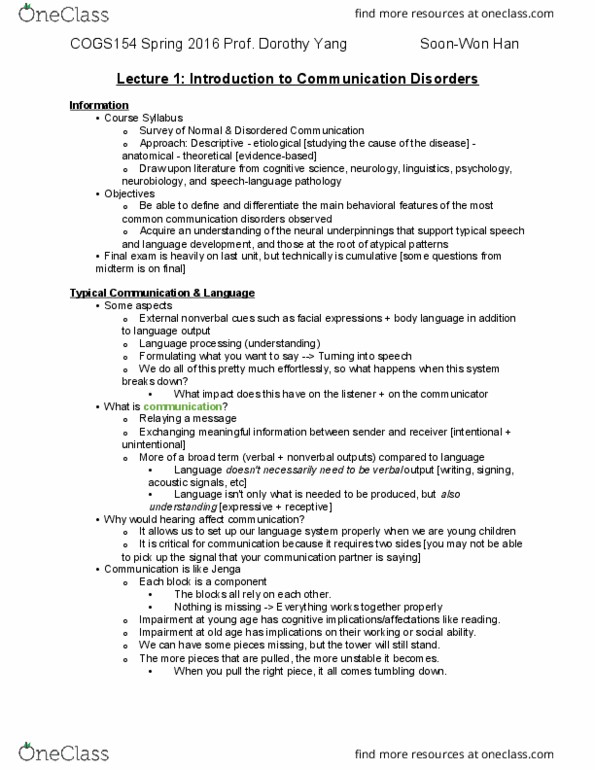 COGS 154 Lecture Notes - Lecture 1: Dysphagia, Neurodegeneration, List Of Voice Disorders thumbnail