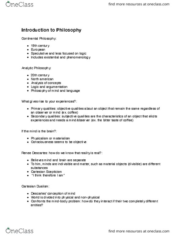 PHIL 1200 Lecture Notes - Lecture 1: Pineal Gland, Continental Philosophy, Physicalism thumbnail