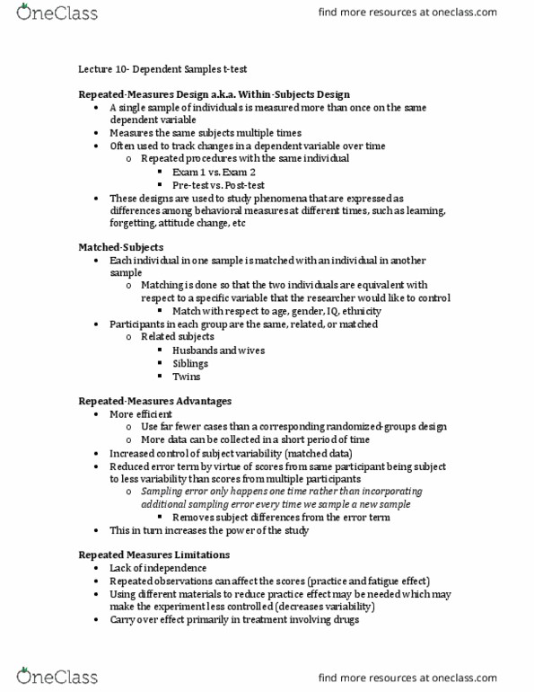 PSYCH 100A Lecture Notes - Lecture 10: Standard Deviation, Sampling Error, Dependent And Independent Variables thumbnail