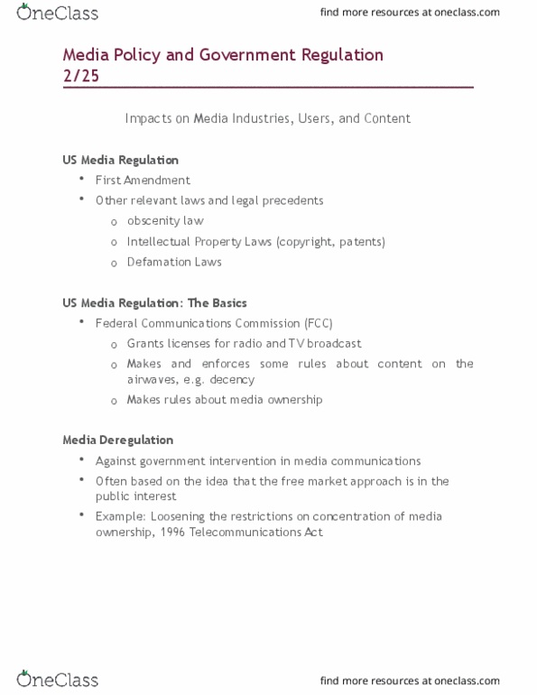 COMM 121 Lecture Notes - Lecture 10: Music Download, Federal Communications Commission, Telecommunications Act Of 1996 thumbnail