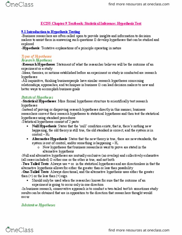 EC255 Chapter Notes - Chapter 9: Null Hypothesis, Type I And Type Ii Errors, Statistical Hypothesis Testing thumbnail