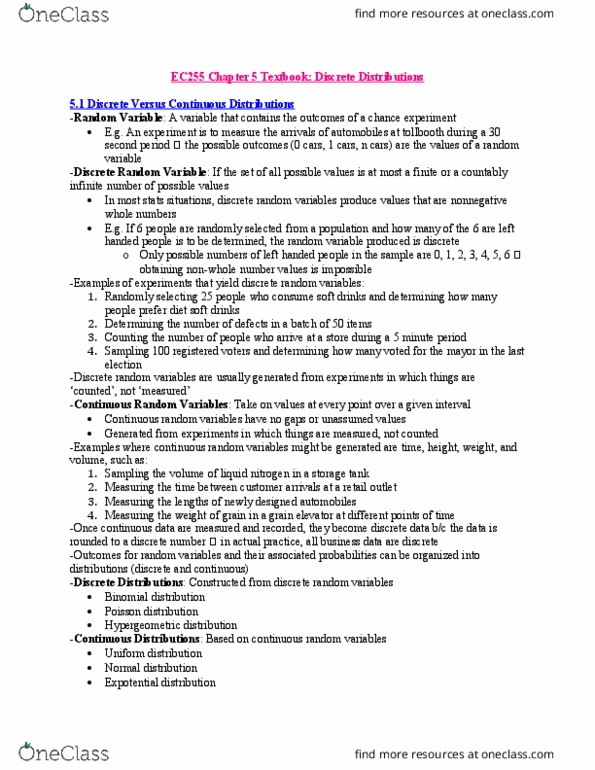 EC255 Chapter Notes - Chapter 5: Probability Distribution, Binomial Distribution, Hypergeometric Distribution thumbnail