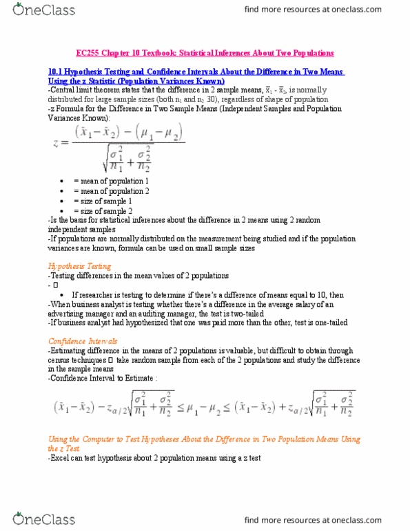 EC255 Chapter Notes - Chapter 10: Type I And Type Ii Errors, Standard Deviation, Central Limit Theorem thumbnail