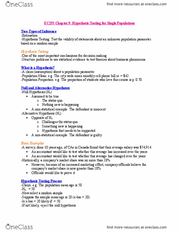 EC255 Lecture Notes - Lecture 9: Type I And Type Ii Errors, Null Hypothesis, Statistical Hypothesis Testing thumbnail