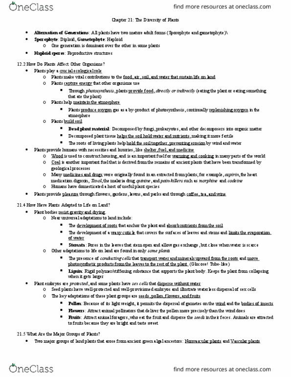 BIO 101 Lecture Notes - Lecture 21: Flowering Plant, Gymnosperm, Non-Vascular Plant thumbnail