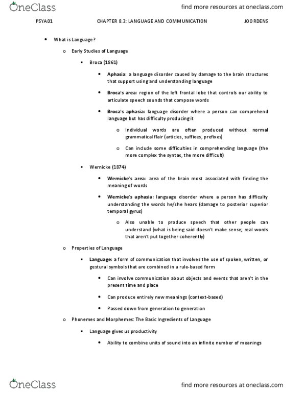 PSYA01H3 Chapter Notes - Chapter 8: Foxp2, Dementia, Fast Mapping thumbnail