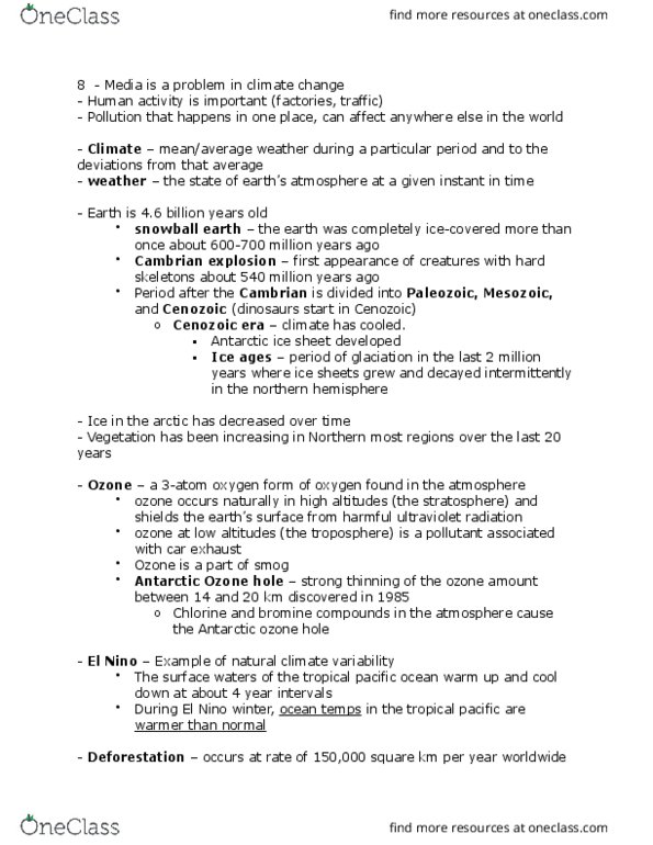 A&O SCI 1 Lecture Notes - Lecture 1: Carbon Cycle, Ozone Depletion, Cambrian Explosion thumbnail