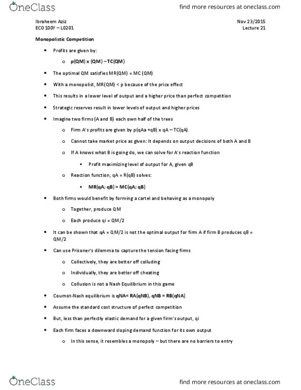 ECO101H1 Lecture Notes - Lecture 21: Nash Equilibrium, Product Differentiation, Rms Queen Mary 2 thumbnail