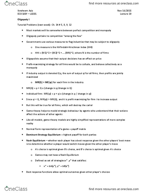 ECO101H1 Lecture Notes - Lecture 19: Nash Equilibrium, Best Response, Oligopoly thumbnail