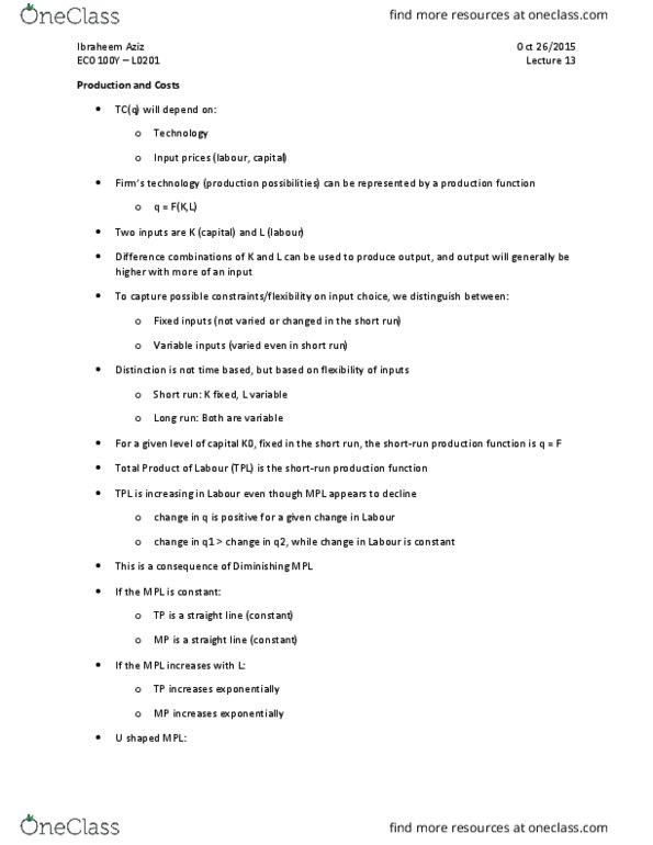 ECO101H1 Lecture Notes - Lecture 13: Production Function, Fixed Cost thumbnail