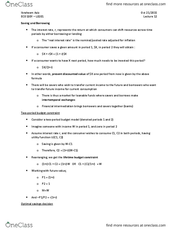 ECO101H1 Lecture Notes - Lecture 12: Normal Good, Real Interest Rate, Loanable Funds thumbnail