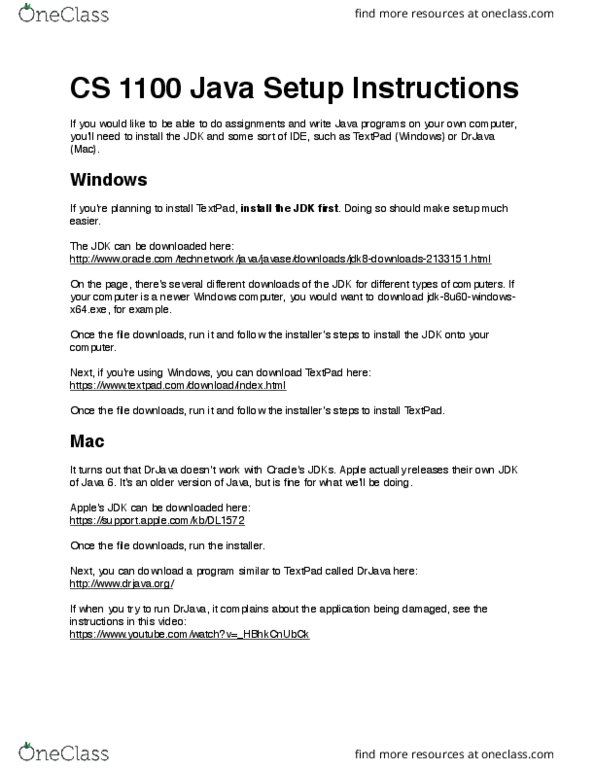 CS 1100 Lecture Notes - Lecture 2: Textpad, Java Development Kit thumbnail