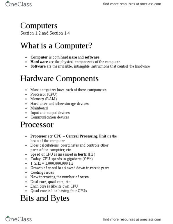 CS 1100 Chapter Notes - Chapter 1: Webcam, Bluetooth, Petabyte thumbnail