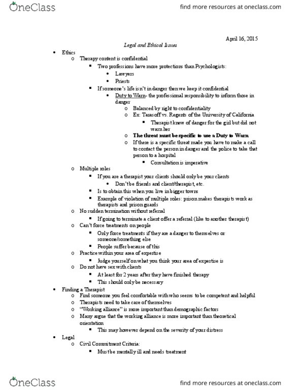 PSY 247 Lecture Notes - Lecture 13: Parens Patriae, Professional Responsibility thumbnail