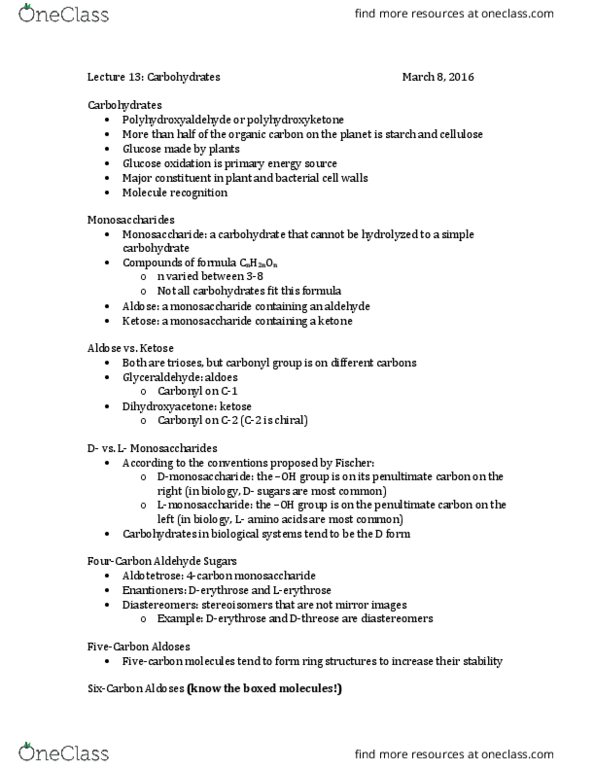 BMCB 658 Lecture Notes - Lecture 13: Hemiacetal, Anomer, Ketose thumbnail